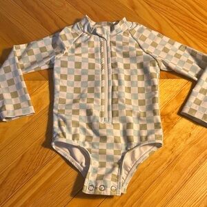 Long-Sleeve Kids One-Piece Rash Guard Swimsuit in Sage Check